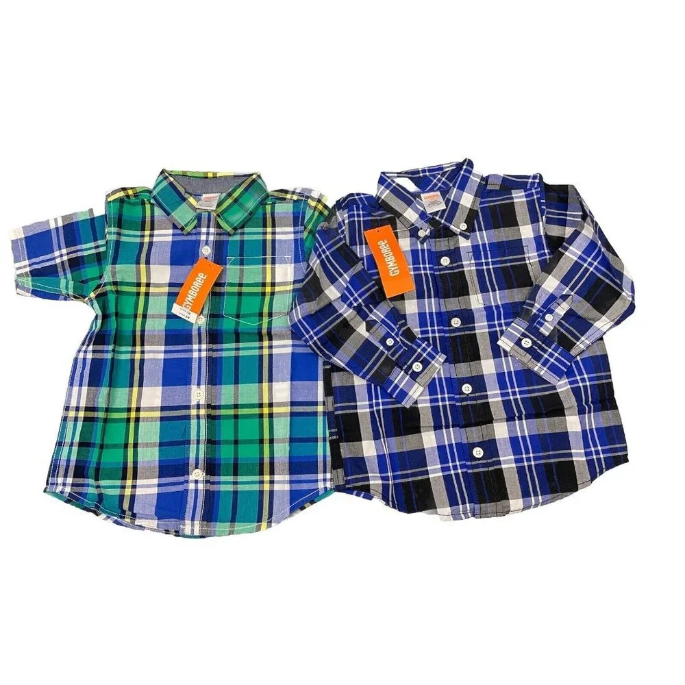 GYMBOREE Toddler Boy 2-Pcs Button Front Plaid Shirt 100% Cotton Blue/Green 3T - Picture 2 of 11